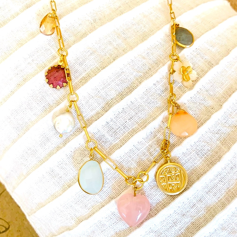 LOFT Mixed Stone + Charms + Gold Links Necklace
